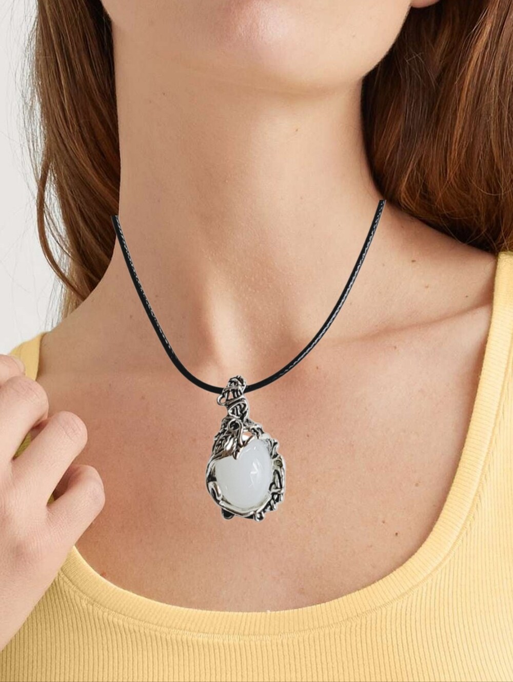 White Stone Pendant w/ Silver Accents & Cord Necklace NWOT